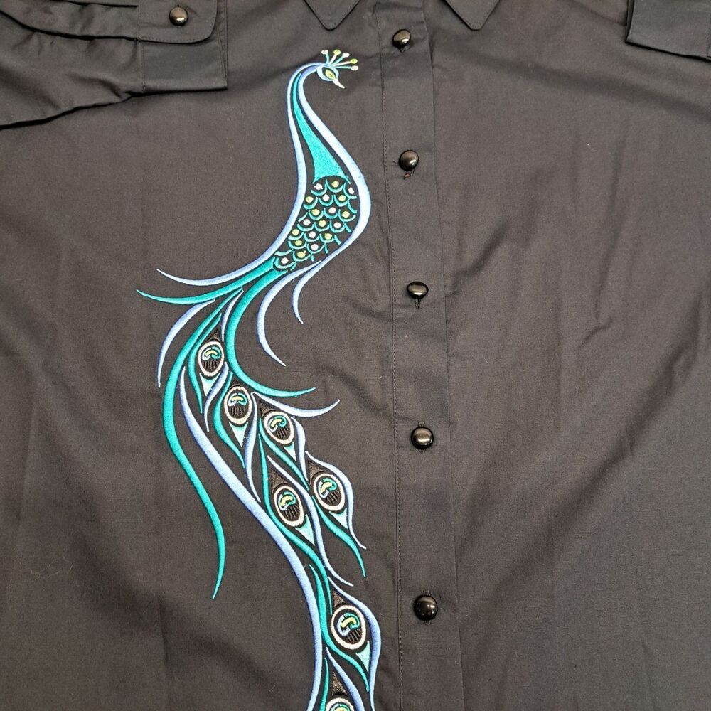 Bob Mackie Wearable Art Embroidered Peacock Black Button Down Shirt Women's XL - Picture 8 of 8